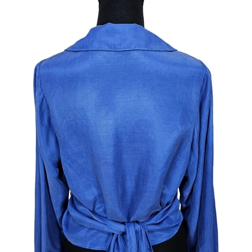 R.G. Kane Linen Blend V-Neck Wrap Front Blouse Balloon Sleeve Blue Size Large - Picture 11 of 13